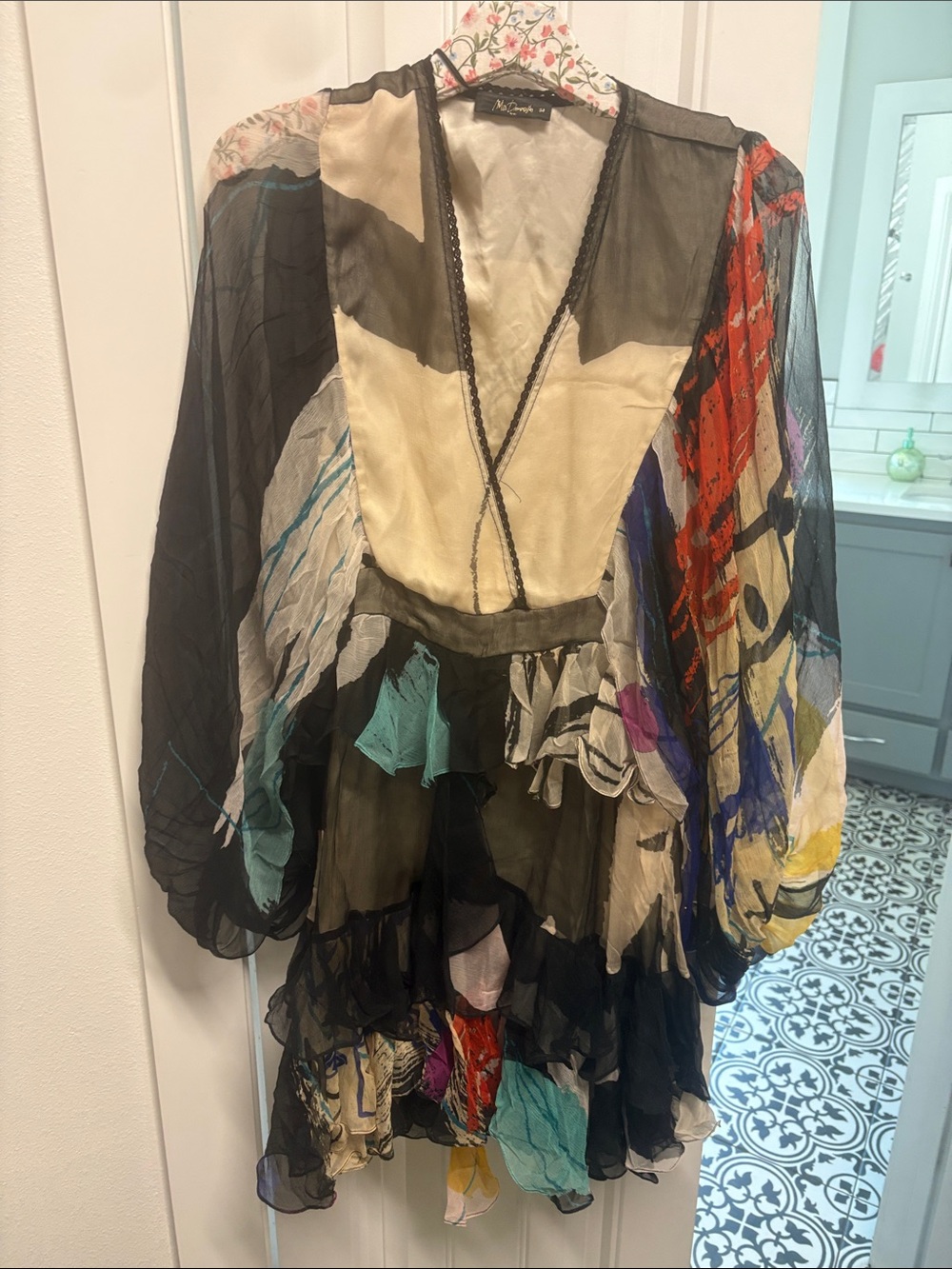 Mes Demoiselles Black Multi-Color Sheer Tiered V-Neck Dress